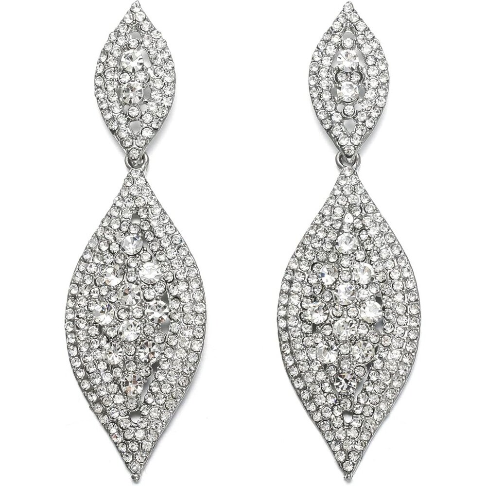 Women's Rhinestone Crystal Wedding Bridal 2 Leaf Drop Dangle Chandelier Earrings